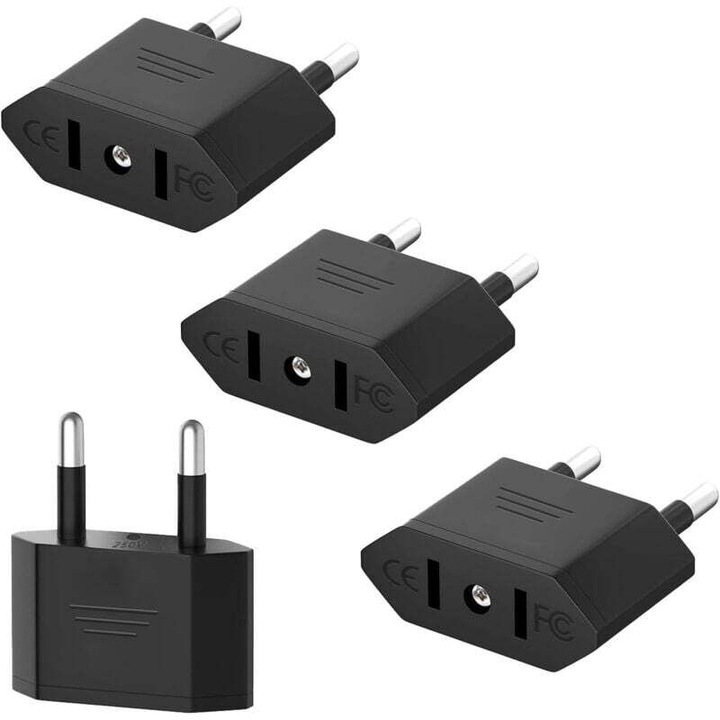 Set adaptor prize US la EU, 4 piese, compact, negru