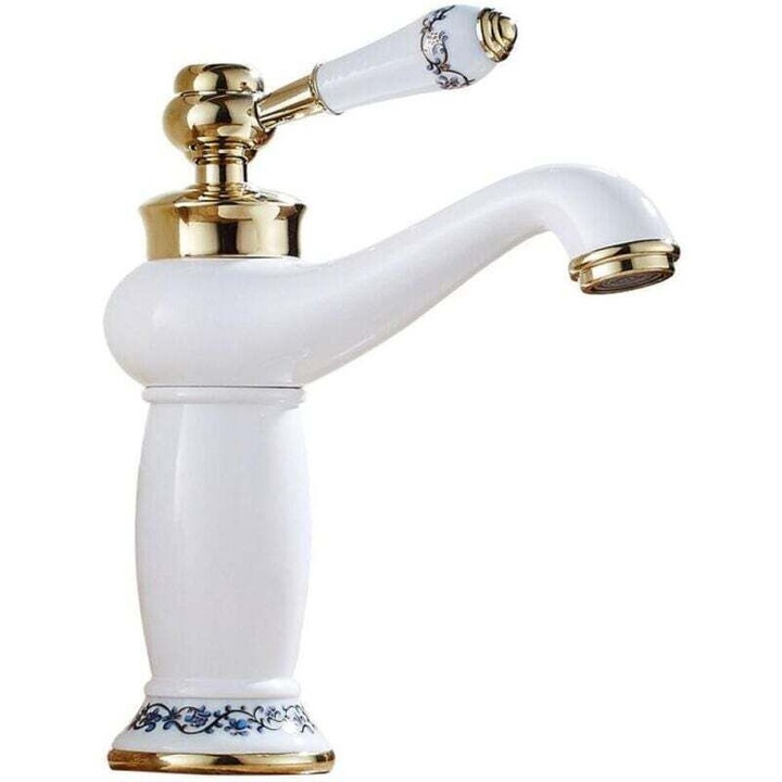 Antik sárgaréz csaptelep, kék-fehér porcelán virágdíszítéssel, egykaros, mosdókagylóhoz, vintage design
