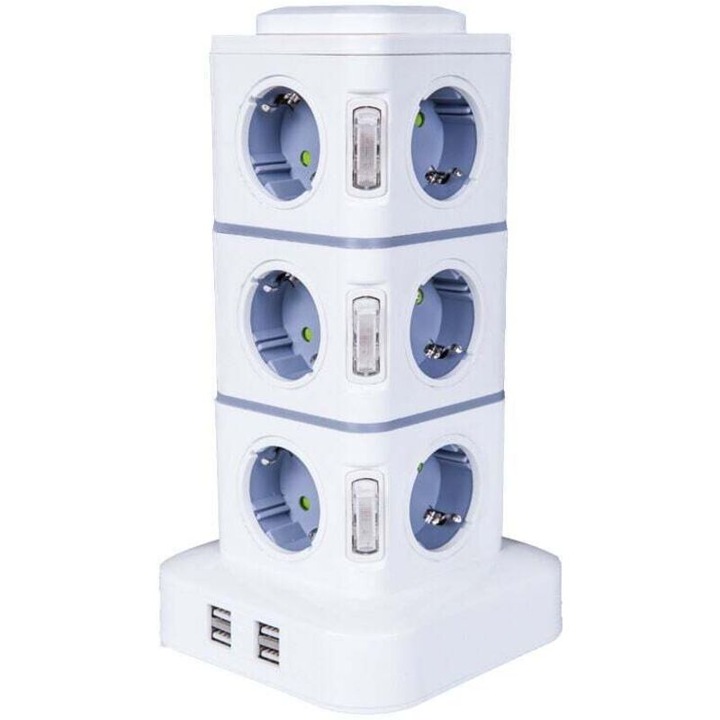 Függőleges elosztó, 12 aljzat, 4 USB port, túlfeszültség-védelem, 3m kábel
