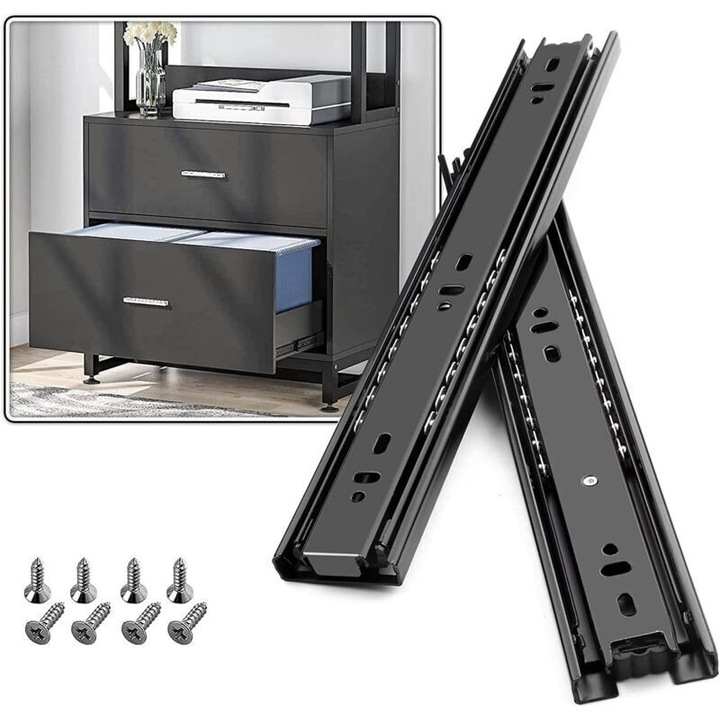 Glisiera pentru sertare, 200mm, capacitate 45kg, cu sistem de inchidere moale, set de 1 pereche