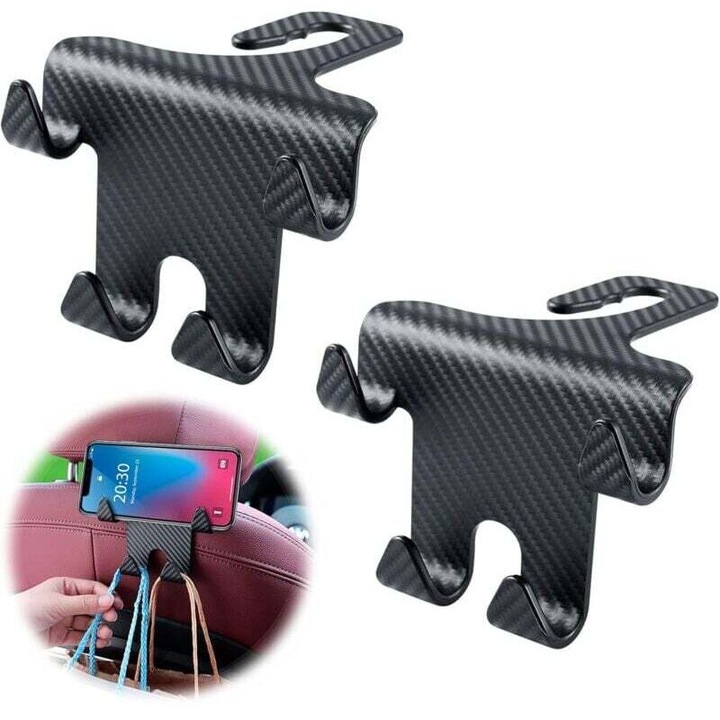 Többfunkciós autós horog fejtámlához, telefontartóval, fekete