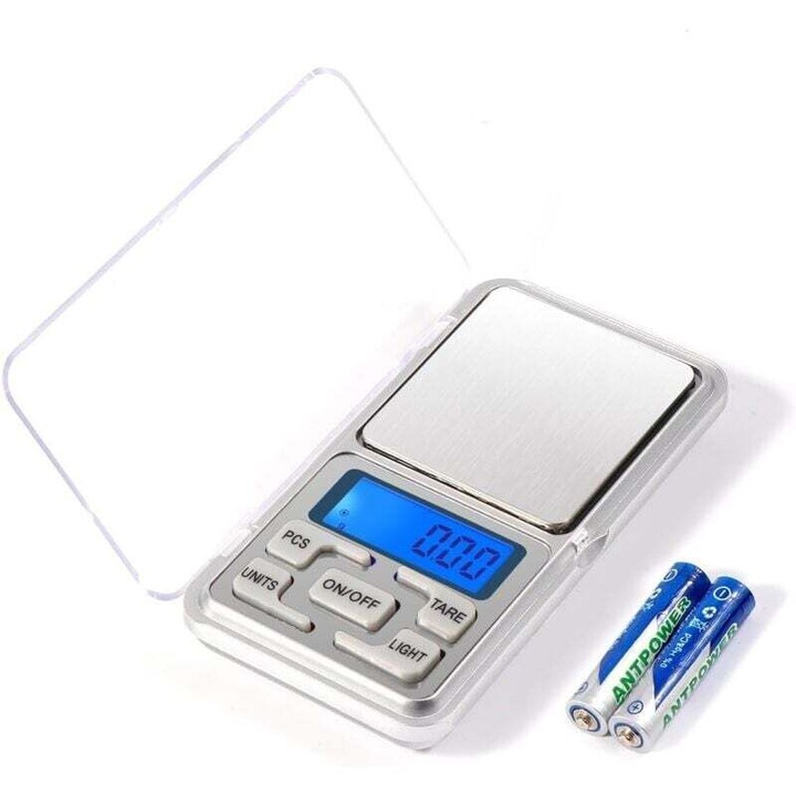 Cantar de precizie 0.01g-500g, ecran LCD iluminat, capacitate maxima 500g, din otel inoxidabil, dimensiuni compacte