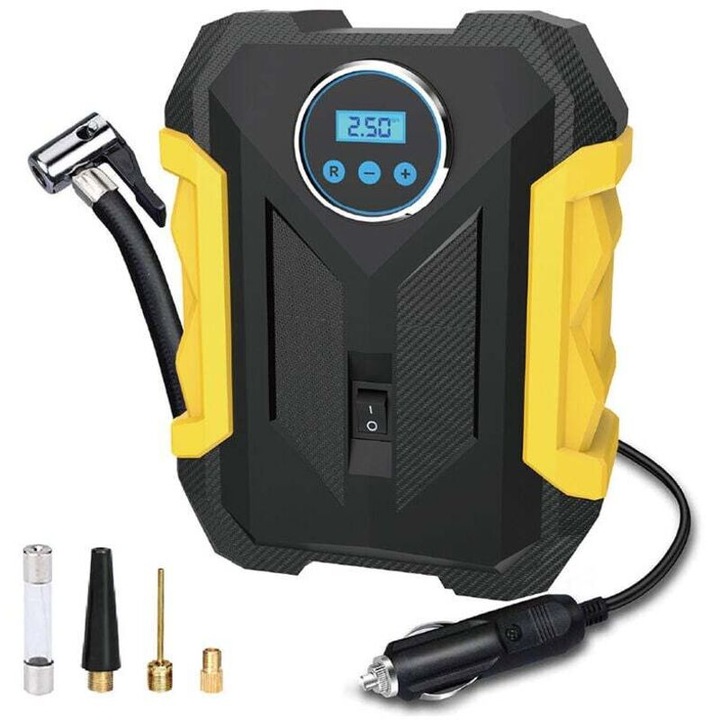Compresor aer portabil 12V, 150PSI, afisaj digital, galben, 3m cablu