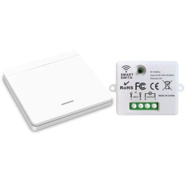 Vezeték nélküli kapcsoló, 10A, távirányítás, egyszerű telepítés, 1500W, fehér