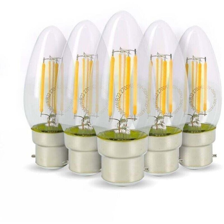 5 db LED filament izzó készlet 4W B22, meleg fehér fény 2700K, 300 fokos sugárzási szög, méretek 98x35mm