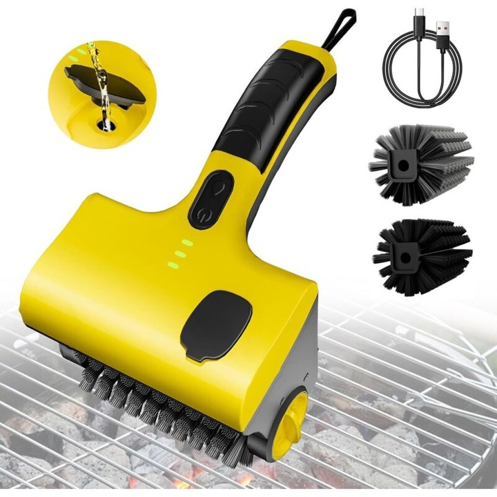 Perie electrica de curatare pentru gratar, 2 capete de perie, design fara fir, 360° rotativ, acumulator 2600 mAh