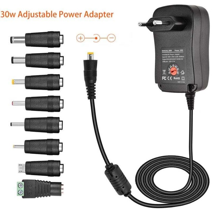 Adaptor AC/DC 30W, 8 conectori DC, 7 tensiuni selectabile, 1.2m, pentru electronice de uz casnic