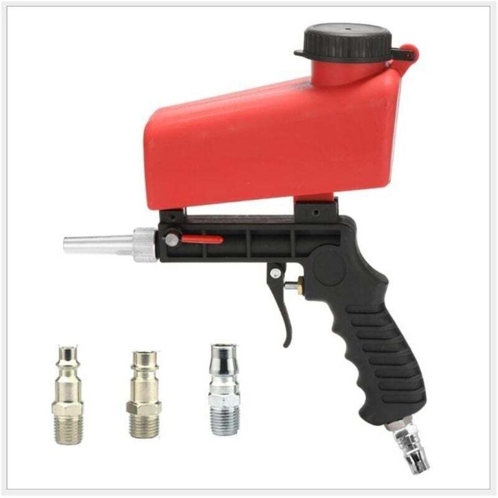 Pistol de sablare pneumatic portabil, material plastic, duza din aliaj de aluminiu, ergonomic, rosu