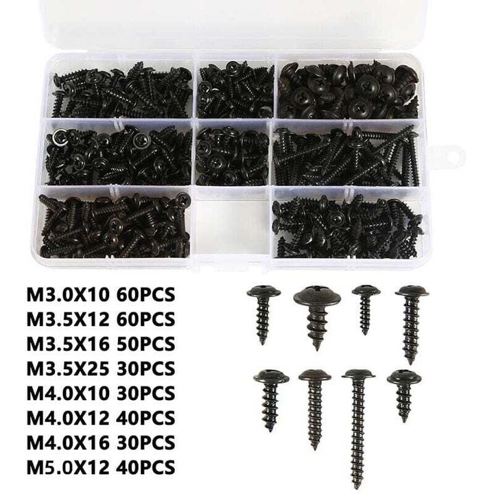 Set 340 Suruburi Auto-filetante M3 M3.5 M4 M4.8 Negre cu Cutie de Plastic