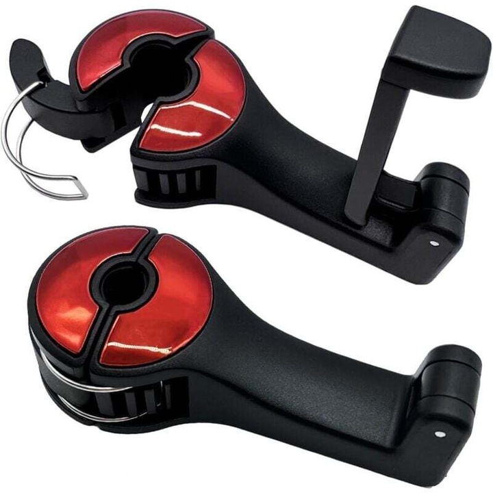 2 db autós fejtámla tartó, ruhák és táskák felakasztásához, piros, 2 az 1-ben kialakítás