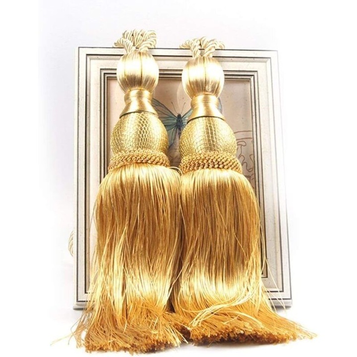 Set de legatori pentru perdele cu ciucuri, 2 bucati, auriu, 25x18in