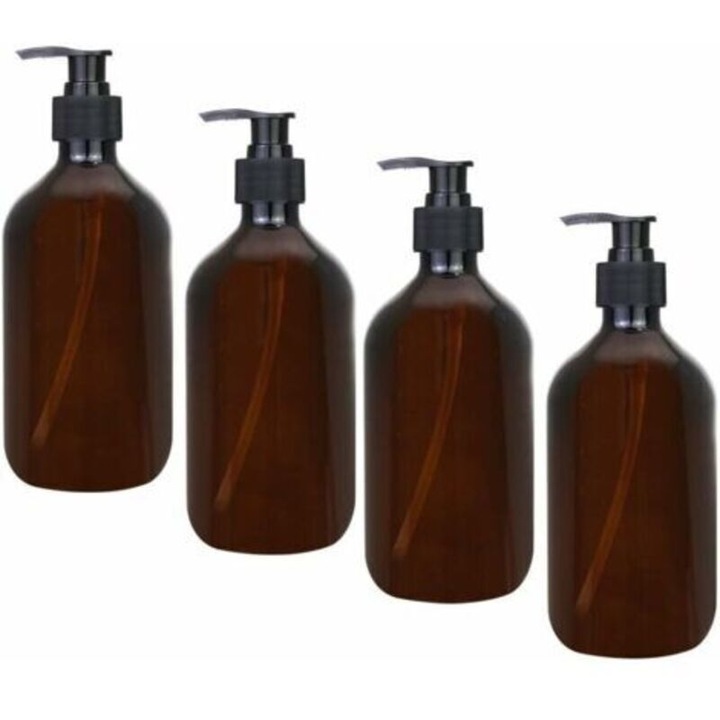 4 db adagoló/adagoló műanyag flakon készlet, 500 ml, borostyán, pumpával, testápolóhoz, tusfürdőhöz, folyékony szappanhoz