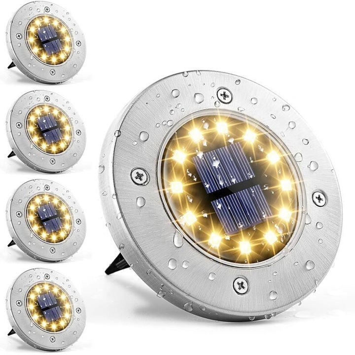 Комплект от 4 соларни лампи, 12 LED-а, бял инокс, устойчиви на атмосферни влияния, за градина, тераса, морава, алея