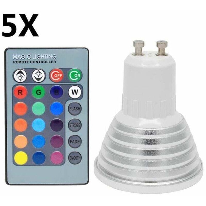 5 db GU10 3W RGB izzó készlet, 16 szín, 50x60mm