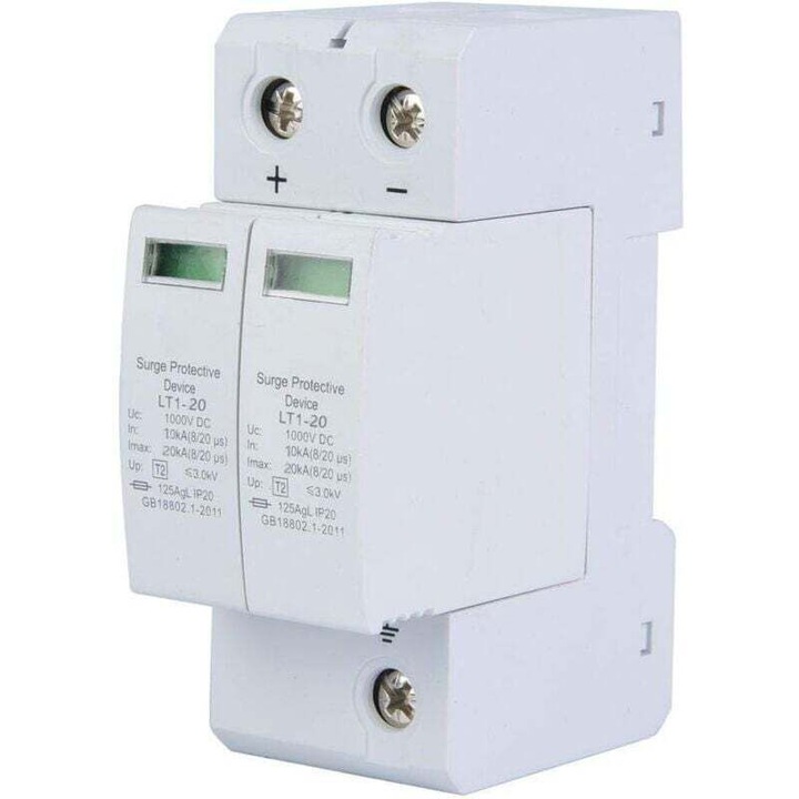 Protector de supratensiune solar, 2P, 40kA, material PC ignifug, pentru sisteme fotovoltaice
