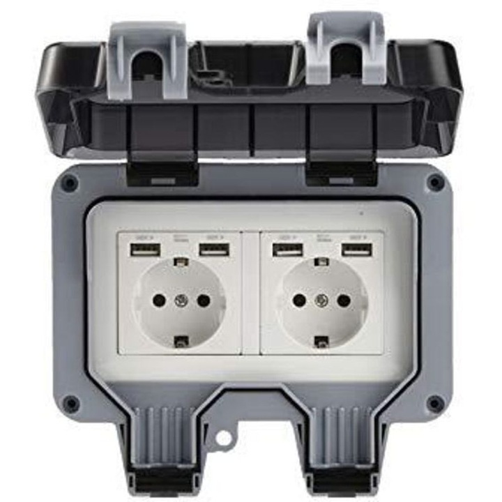 Priza dubla de exterior cu USB, impermeabila, rezistenta, 4 porturi USB, neagra