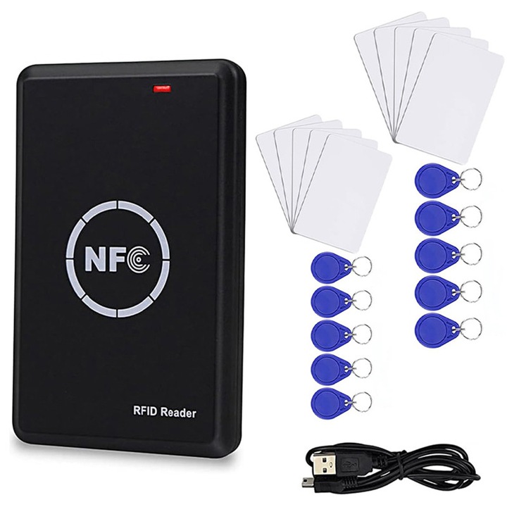 RFID másoló és olvasó szett, Duueyct, NFC címke támogatás, 125KHz és 13.56MHz, 10 db T5577 fehér kártyával, 10 db programozható UID kulccsal, Fekete