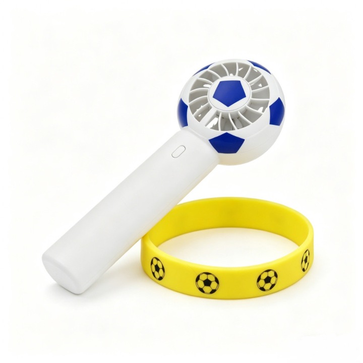 Mini hordozható ventilátor, 3 sebességfokozat, belső akkumulátor, USB töltés, 1200 mAh, Foci modell, Ajándék focis karkötővel, 17*7cm, Kék/fehér
