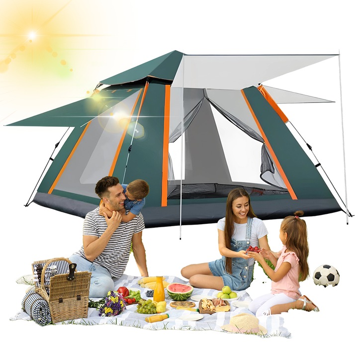 Juksun Cort camping, Cort pop-up 215x215x142cm, 3-4 persoane, 2 ferestre + 2 usi, material oxford 210D (impermeabil, protectie UV), 8 tarusi - Pentru camping, drumetii, pescuit - Verde inchis
