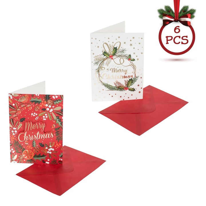 Karácsonyi üdvözlőlapok 2 különböző 3D piros-fehér fagyöngy mintával, 12x17cm & borítékok - 6db