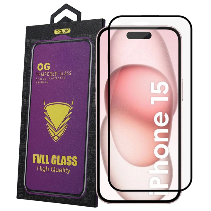 iPhone 15 / 16 kompatibilis üvegfólia, előlapi, edzett, hajlított, fekete kerettel, Veason 6D Pro