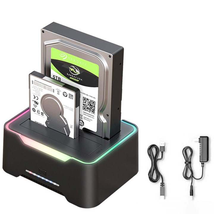 Докинг станция за твърд диск с два слота, JESWO, офлайн клониране, USB 3.0 предаване, капацитет 40TB, черен