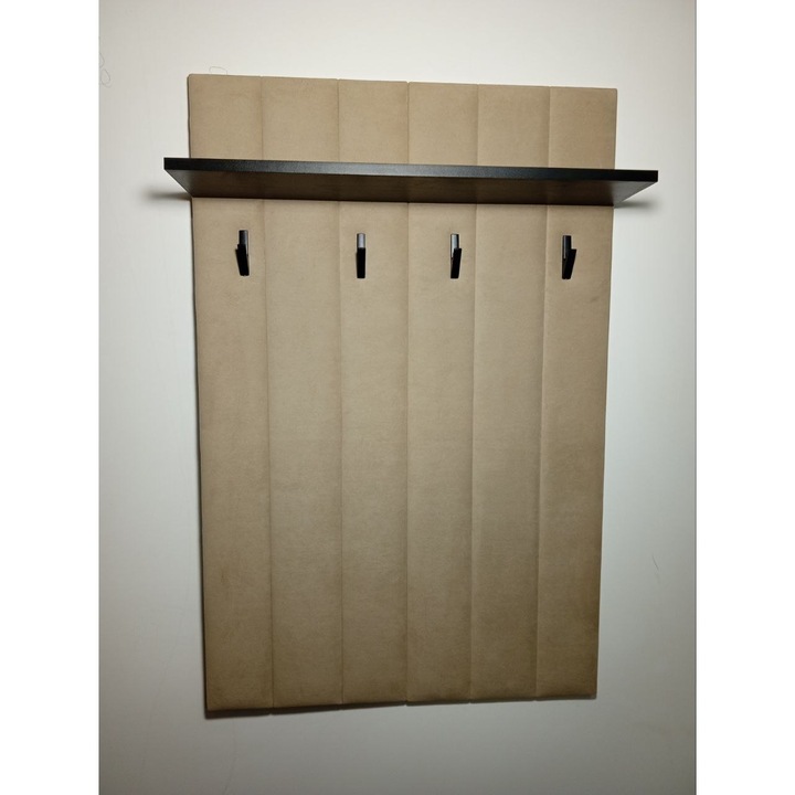 Cuier de perete premium cu polita si 4 carlige, tapitat in stofa premium, bej, 116 x 76.5 x 18 cm