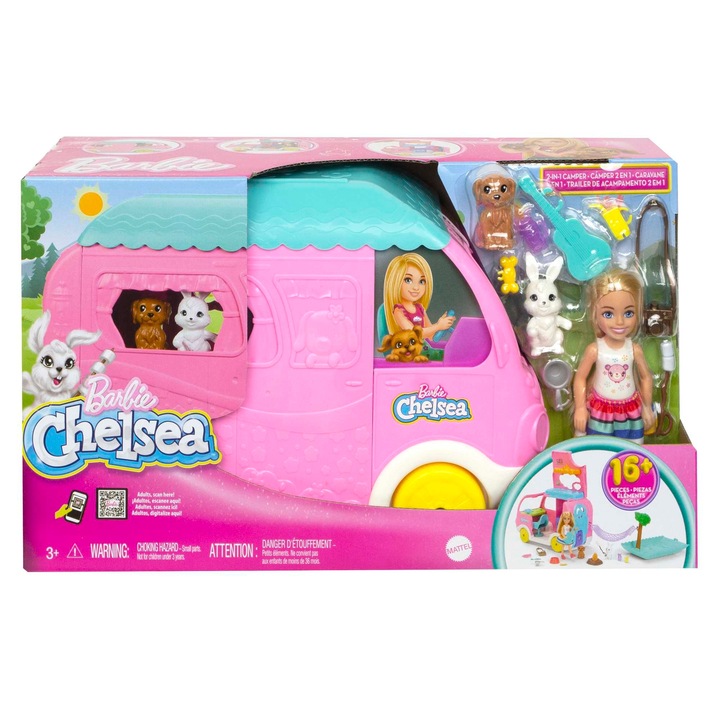Set papusi Barbie Chelsea cu rulota roz, 14 accesorii
