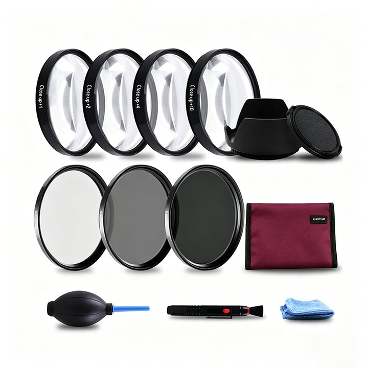 Filtre camera foto DSLR, JESWO, set 13 piese, 58mm, filtre ND2/ND4/ND8, kit lentile close-up, accesorii lentile, plastic, negru