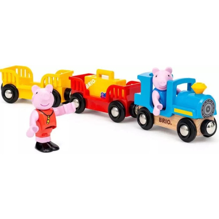 Set trenulet BRIO Peppa Pig, locomotiva si 2 vagoane, figurine Peppa si George, multicolor, pentru copii 2-5 ani