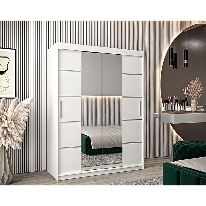 Dressing Marissa, alb, 140x60x200cm, cu oglindă, cu 6 rafturi, uși glisante