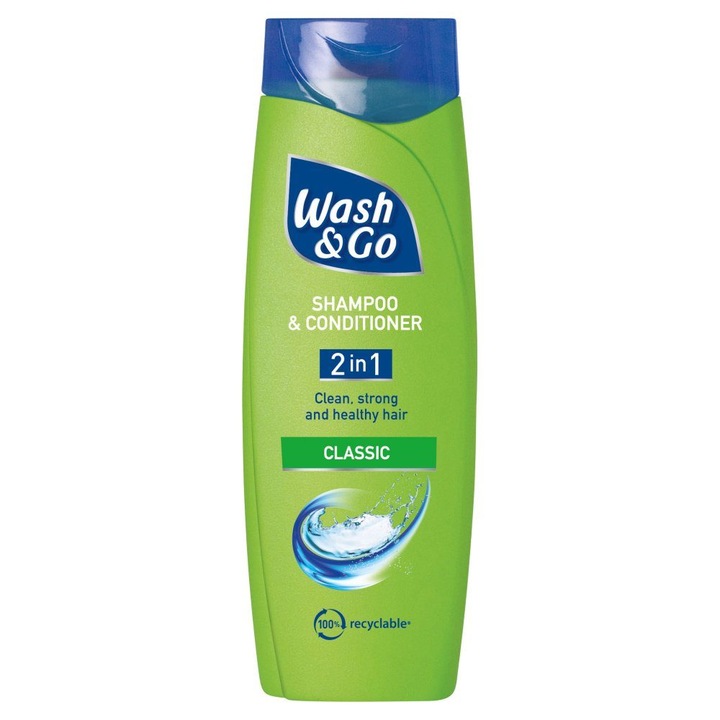 Șampon 2 în 1 WASH&GO Classic Care, 200 ml, pentru păr fragil, aromă Classic Clean