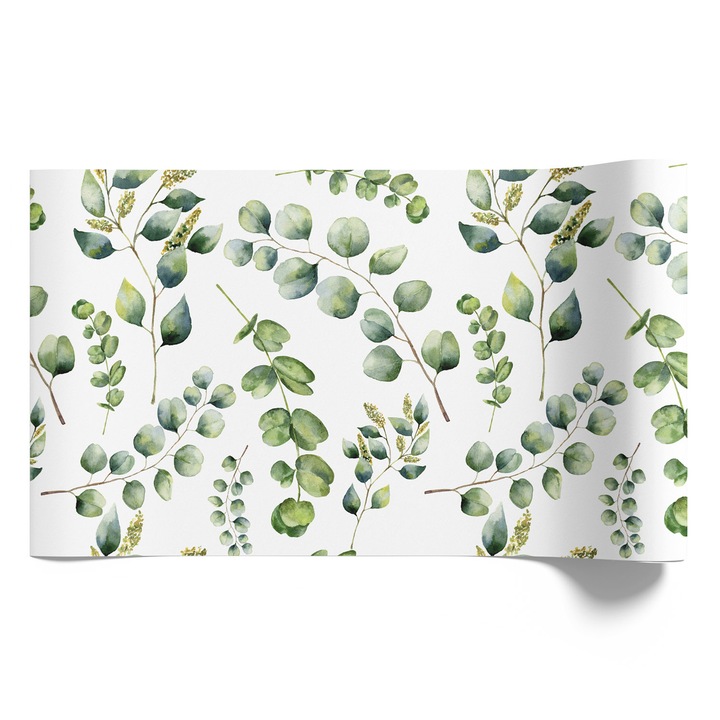 Bútorfólia öntapadós, Coloray, Zöld levelek fehér háttéren, botanikai minta, Zöld, 50x100 cm, Kiváló nyomtatási minőség, Matt felület, Modern design, Nappaliba és hálószobába, 010130570020000012573