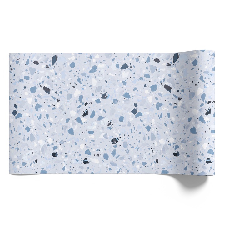 Bútor matrica, Coloray, Modern terrazzo minta kékesszürke árnyalatokban, Kék, 50x100 cm, Vízálló, öntapadós, Matt kidolgozás, Kiváló nyomtatási Minőség, Könnyen tisztítható, Irodáb, dolgozószobába, Nappaliba és hálószobába, 010130570020000033535