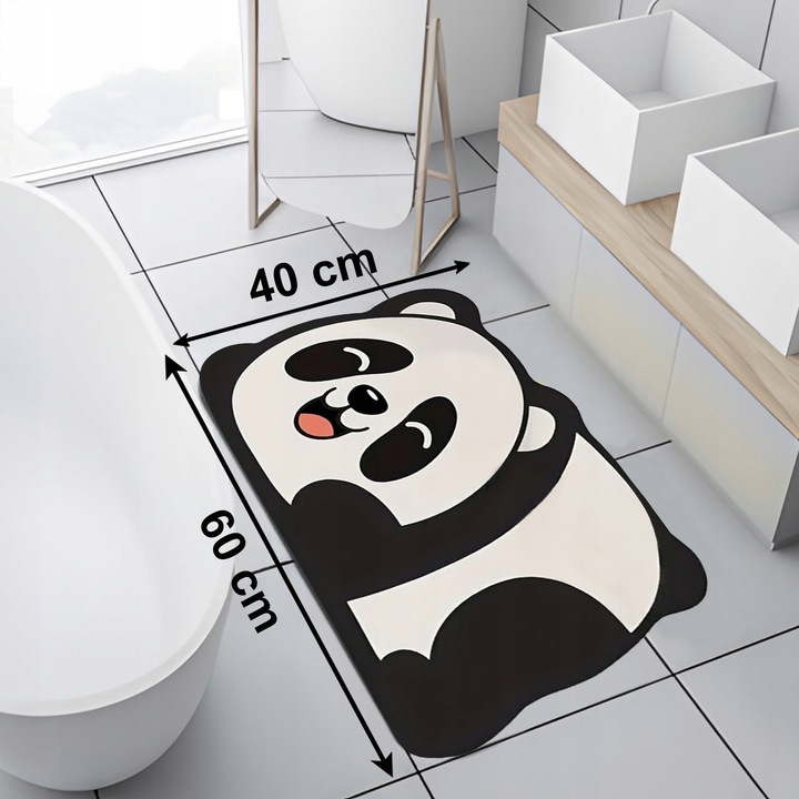 Covor antiderapant pentru baie, Renew Force, model panda, 40x60cm, alb/negru