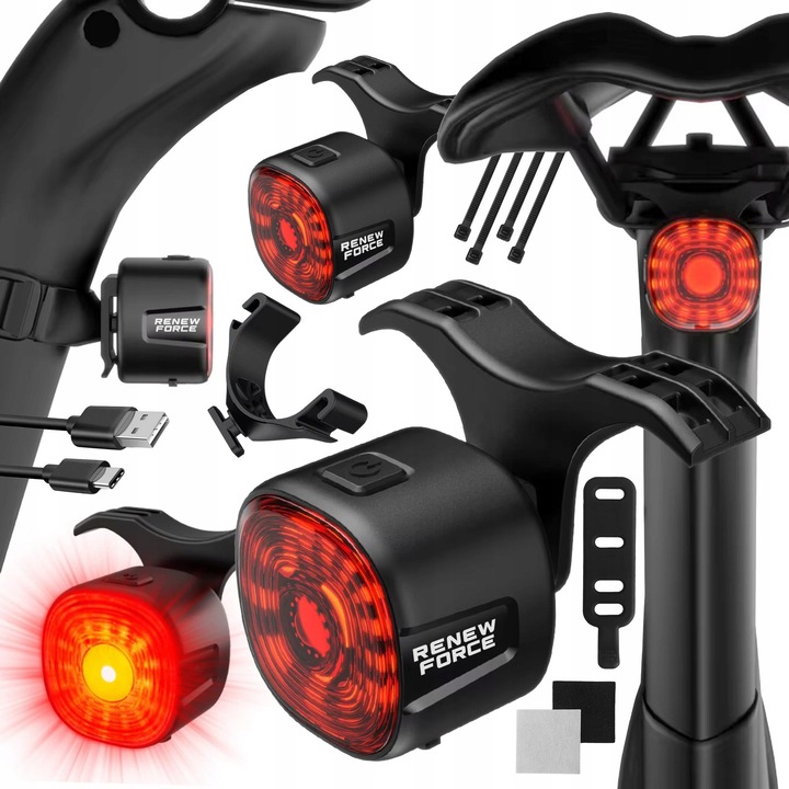 Lampa spate LED pentru bicicleta Renew Force, 6 moduri, 100 ore autonomie, impermeabila, montaj sub sa sau pe tija