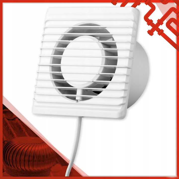 Fürdőszobai ventilátor kábellel, 100mm, AirRoxy, modern design, 93 m3/h, visszacsapó szeleppel ellátott készlet