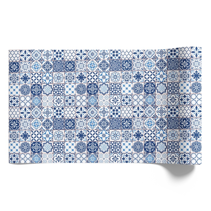 Bútorfólia öntapadós, Coloray, Virágok, geometria, kék minták, csempék, Kék, 50x100 cm, Kiváló nyomtatási minőség, Matt felület, Modern design, Nappaliba és hálószobába, 010130570020000276178