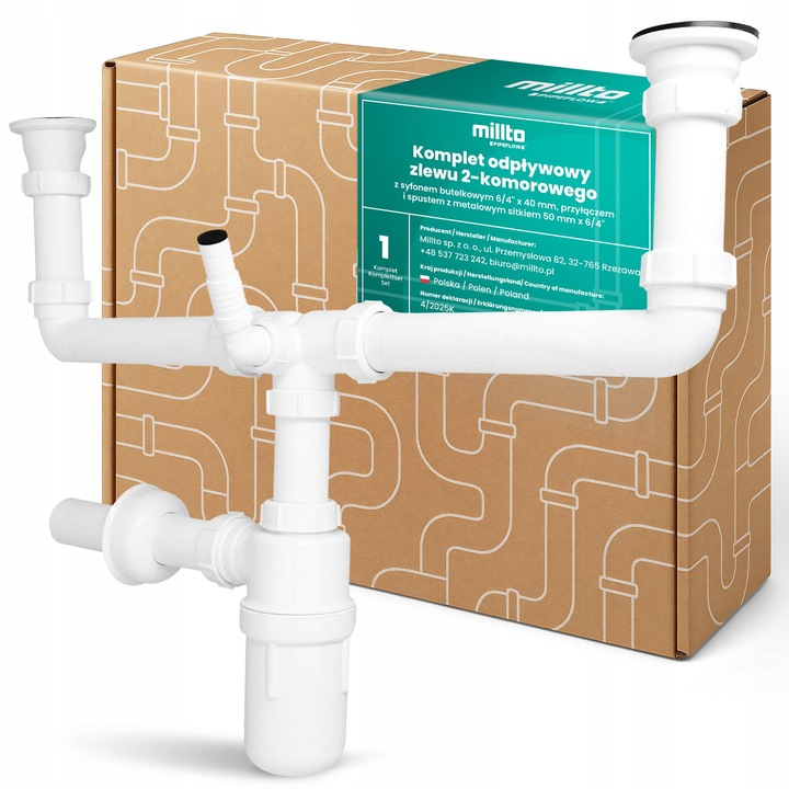 Millto mosogató szifon, 6/4'', 40 mm, mosogatógéphez, kétrekeszes