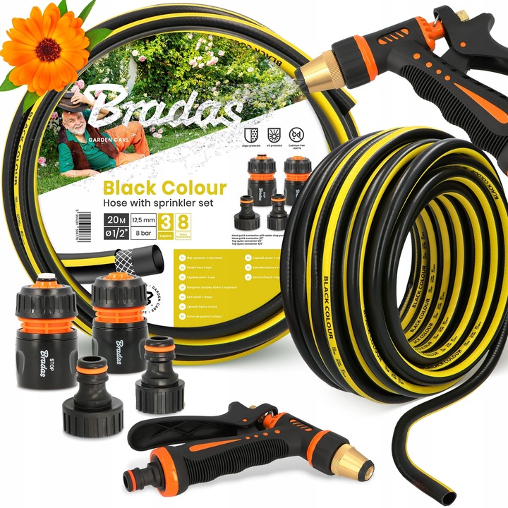 Градински маркуч Bradas Economic 3-слоен 1/2'' 20 м, комплект с аксесоари и регулируем пистолет за поливане, черен