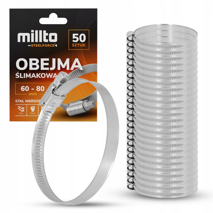 50 db szorítóbilincs készlet, 60-80 mm-es fém csigabilincsek, Millto, rozsdamentes acélból, ezüst