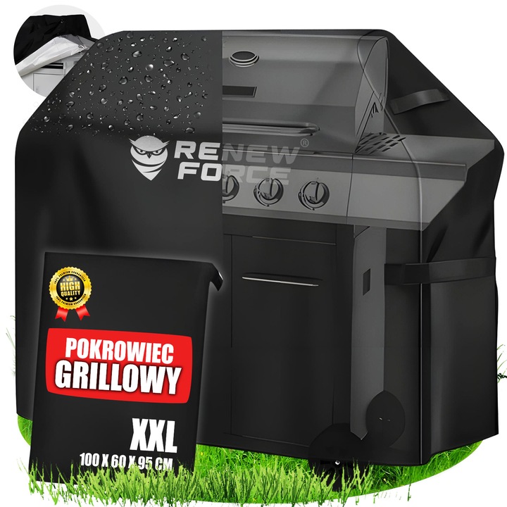 Patura de protectie pentru gratar, Renew Force, 100x60x95cm, impermeabil, negru, set cu husa de transport