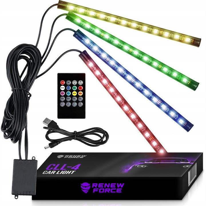 Set iluminare LED RGB pentru interior auto, Renew Force, control prin telecomanda, senzor de sunet, 48 LED-uri