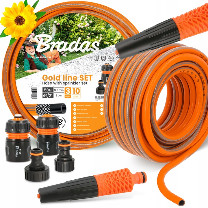 Градински маркуч Bradas Standard 3-слоен 1/2" 50 м с комплект аксесоари, черен/оранжев