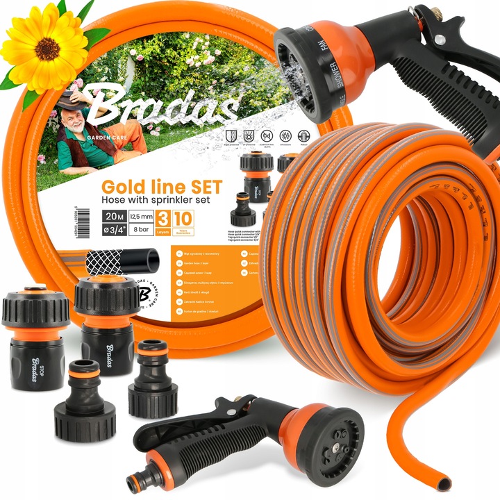 Bradas kerti tömlő 3/4" 20 m, 3 rétegű, kiegészítő készlettel, narancssárga/fekete