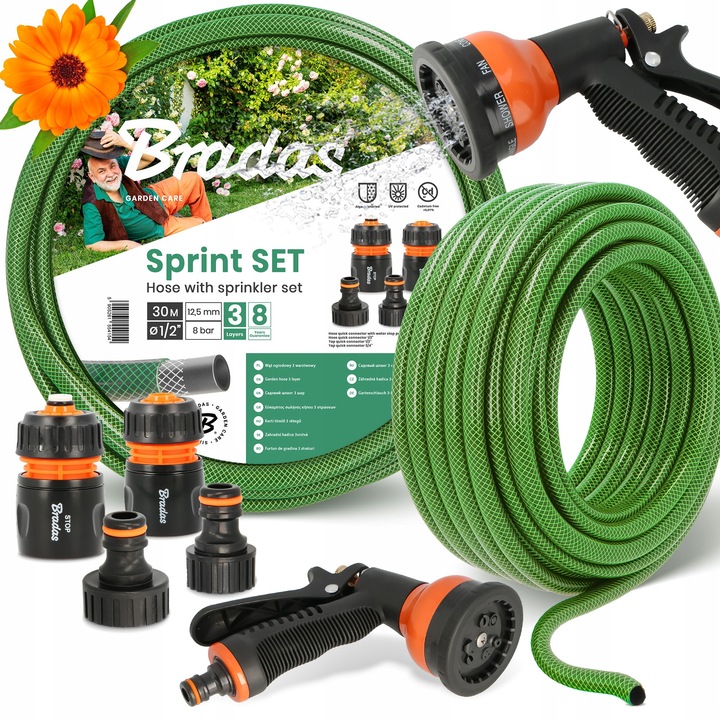 Градински маркуч Bradas 3-слоен 1/2'' 30 м с комплект аксесоари и пистолет за поливане с 9 функции, зелен