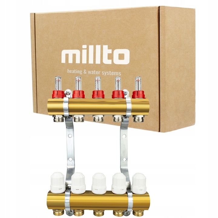 CO elosztó padlófűtéshez, Millto, 5 körös, 236mm, sárgaréz csatlakozókkal