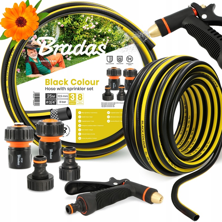 Градински маркуч Bradas 3/4'' 25 м, 3-слоен, комплект с конектори и регулируем пистолет за поливане, черен