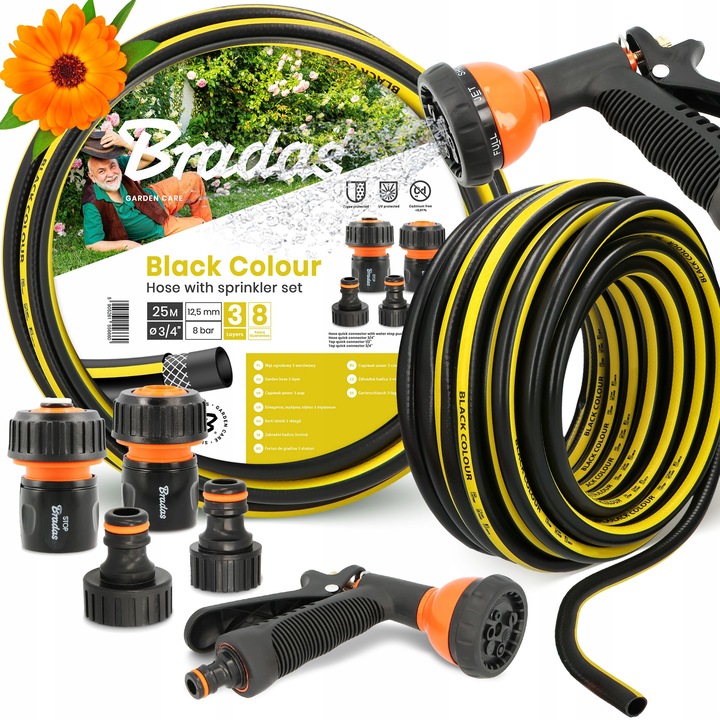 Градински маркуч Bradas Economic 3/4'' 25 м, комплект със 7-функционален пистолет, бързи аксесоари, черен
