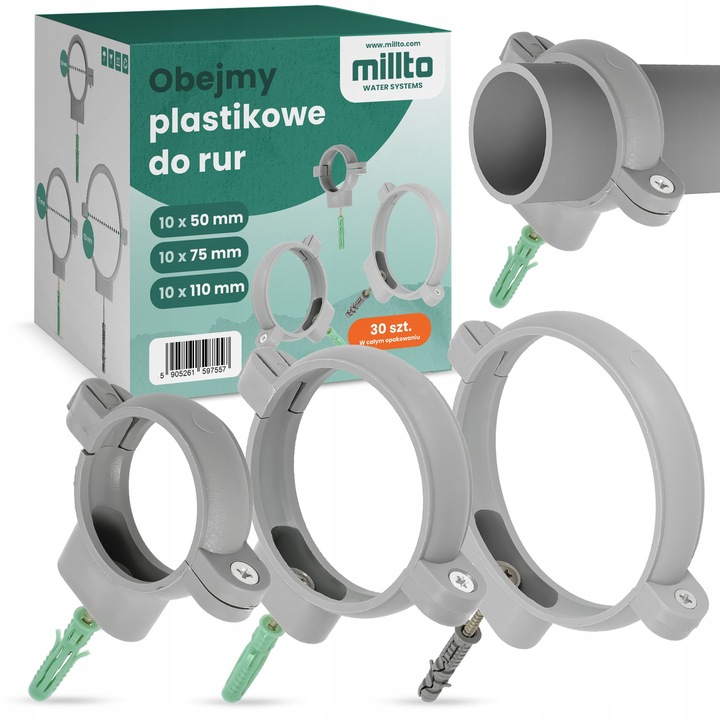 30 db bilincs készlet, könnyen szerelhető csövekhez 50/75/110mm, Millto, polipropilén, szürke